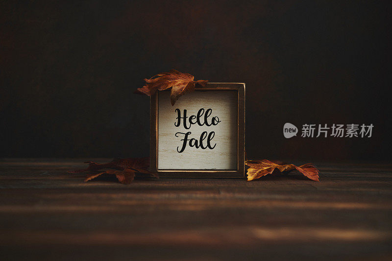 Hello Fall Sign with Leaves on Rustic Wood背景